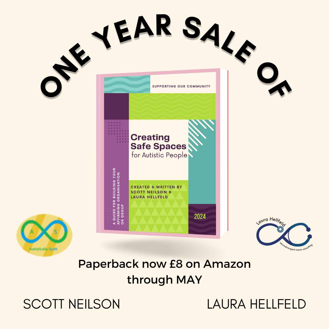 Beige background with an image of the Creating Safe Spaces book in the centre. Text reads ‘One Year Sale of’ 'paperback now £8 on amazon through May'. There are green and purple patterns on the book cover with a pink edge to each side. The bottom sides feature Scott's blue/green infinity logo with yellow background and Laura's blue infinity stethoscope logo.  Beige background with an image of the Creating Safe Spaces book in the centre. Text reads ‘One Year Sale of’ 'paperback now £8 on amazon through May'. There are green and purple patterns on the book cover with a pink edge to each side. The bottom sides feature Scott's blue/green infinity logo with yellow background and Laura's blue infinity stethoscope logo.