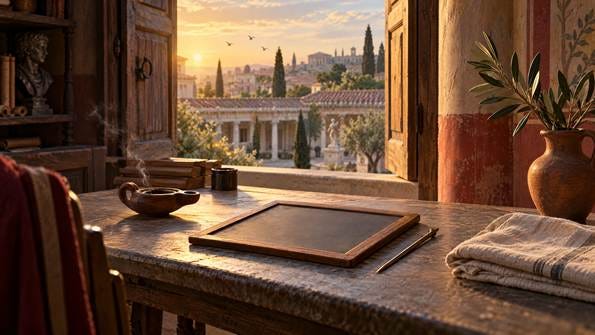 A quiet Roman study at dawn with a blank wax tablet, bronze stylus and olive branch beside an open shutter. A quiet Roman study at dawn with a blank wax tablet, bronze stylus and olive branch beside an open shutter.