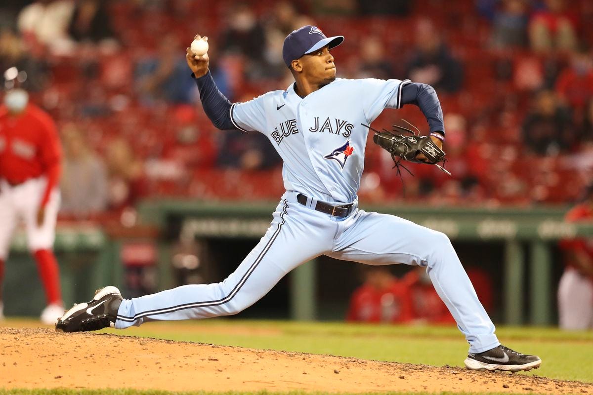 Anthony Castro #63 of the Toronto Blue Jays pitches in the seventh. Inning of a game against the Boston Red Sox at Fenway Park on April 20, 2021 in Boston, Massachusetts.