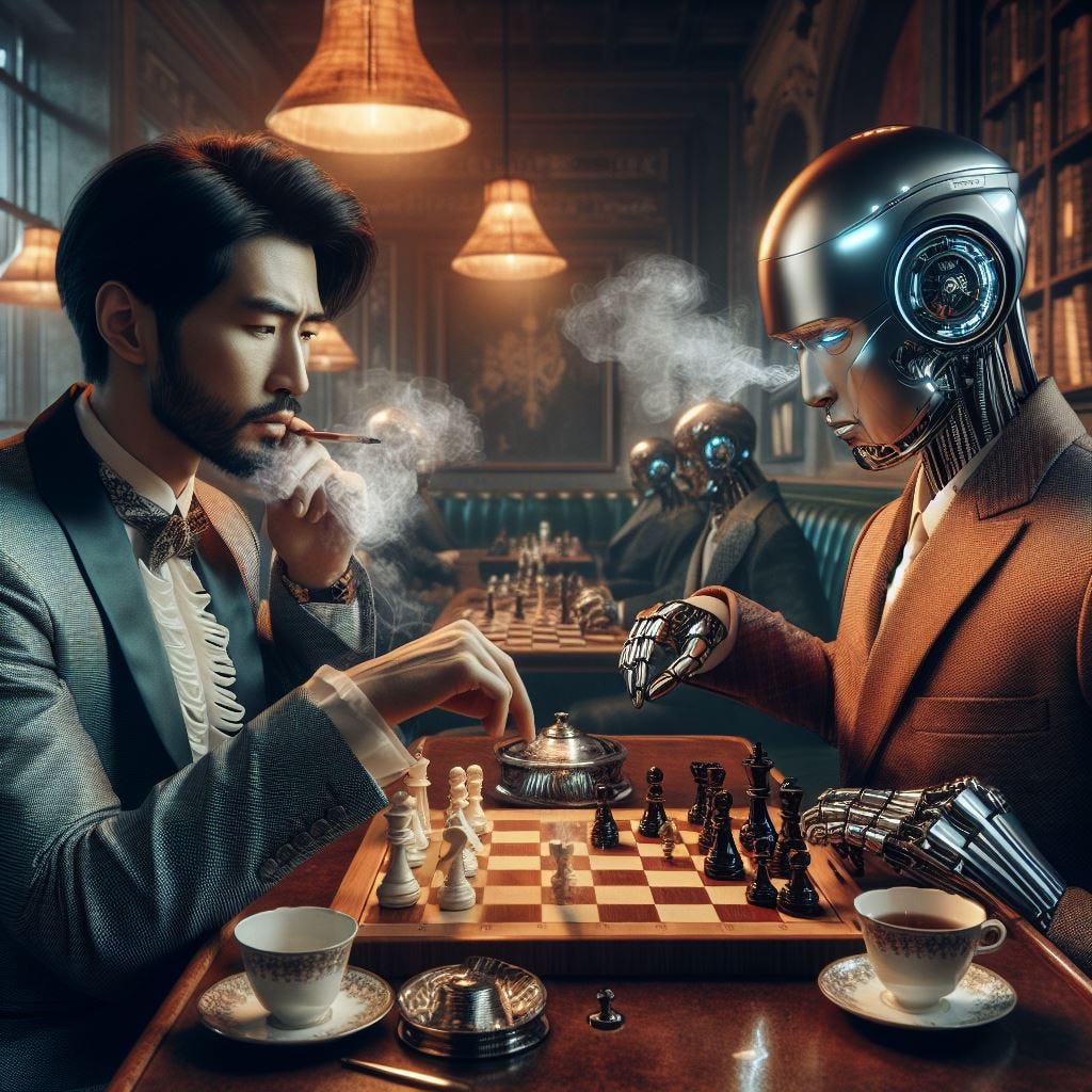 Man and Robot playing chess in a cafe