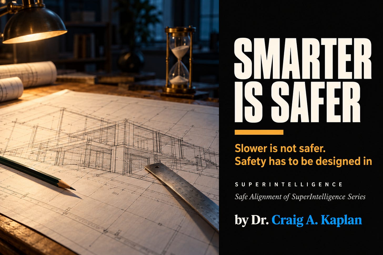 A blueprint on a drafting table with a pencil and steel rule, an hourglass out of focus behind it. On the right, a black panel reads: Smarter is safer. Slower is not safer. Safety has to be designed in. Superintelligence. Safe Alignment of SuperIntelligence Series. By Dr. Craig A. Kaplan."