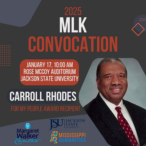 Each graphic has a brown-gray background with blue-gray and some red shapes, for decoration. Each also has text advertising the MLK event, with the same info as the post's body. The first graphic has a close-up headshot of a man, Charles Payne, in suit and tie and glasses against a white background. The second has an image of a man, CJ Rhodes, For My People Award winner, smiling in a blue suit against a background of what looks like a house interior. The third has a close up headshot of a man, Carroll Rhodes, For My People Award winner, smiling in a suit and tie against a grey background.