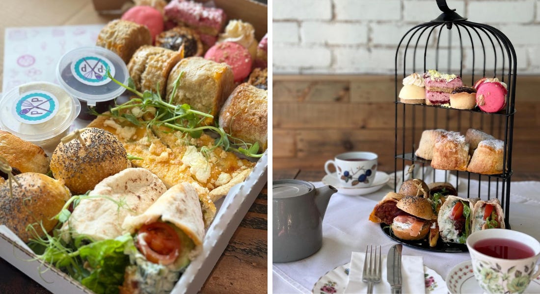Two pictures - of a white box filled with sandwiches, cakes, and scones and one of a white table with an afternoon tea stand and tea cups on it Two pictures - of a white box filled with sandwiches, cakes, and scones and one of a white table with an afternoon tea stand and tea cups on it