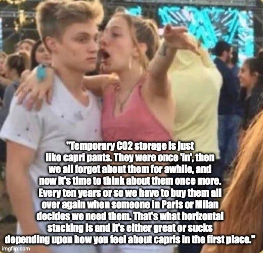 Meme of a young woman at a crowded outdoor event shouting into a young man's ear while pointing. Text: "\"Temporary CO2 storage is just like capri pants. They were once 'in', then we all forget about them for awhile, and now it's time to think about them once more. Every ten years or so we have to buy them all over again when someone in Paris or Milan decides we need them. That's what horizontal stacking is and it's either great or sucks depending upon how you feel about capris in the first place.\""