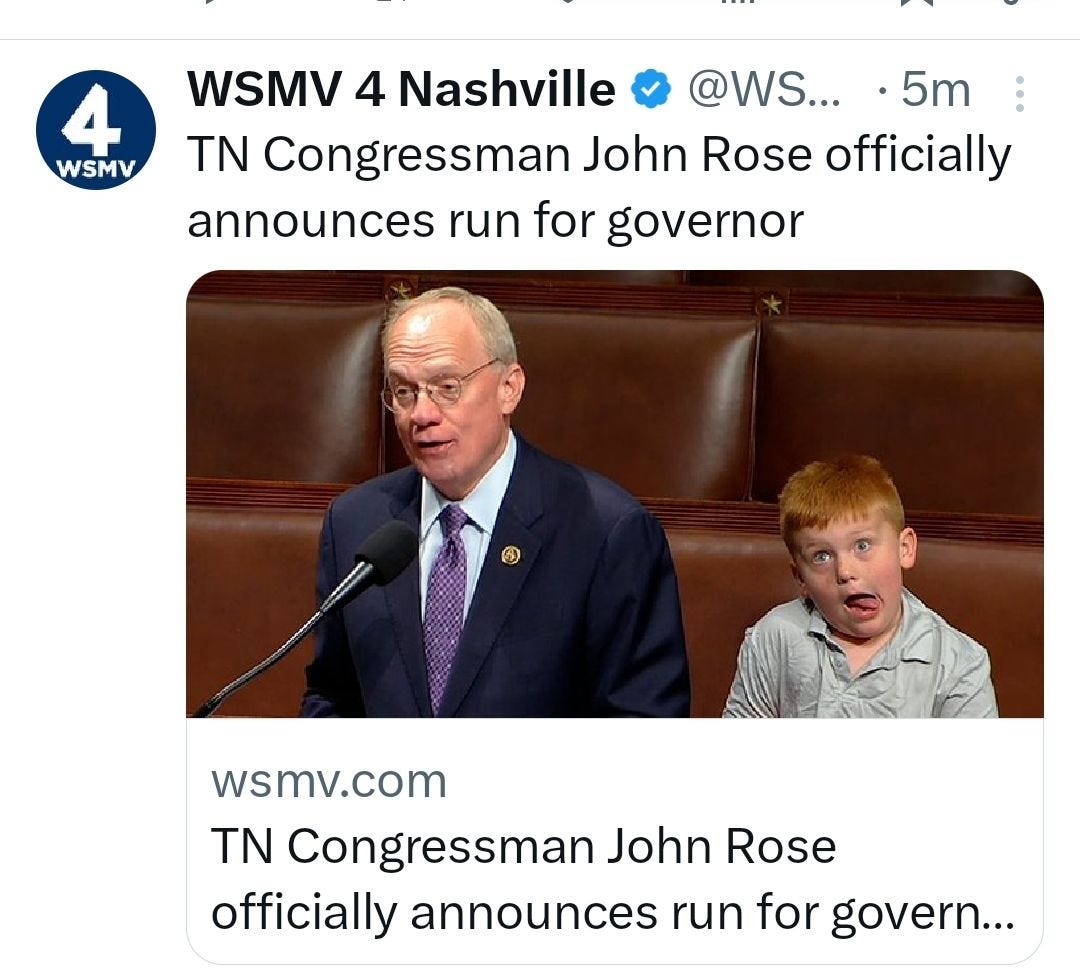 May be an image of 2 people and text that says '4 WSMV • WSMV 4 Nashville @WS... ・ 5m TN Congressman John Rose officially announces run for governor wsmv. wsmv.com TN Congressman John Rose officially announces run for govern...'