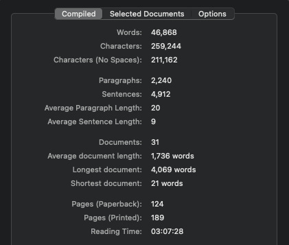A screen shot of Scrivener statistics showing over 46,000 words in the document. A screen shot of Scrivener statistics showing over 46,000 words in the document.