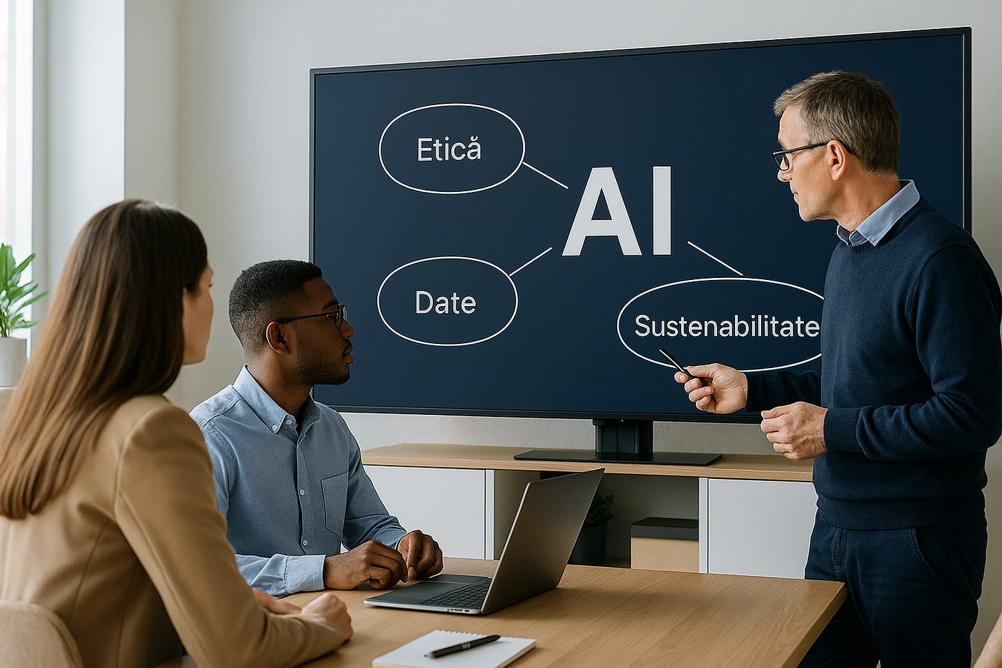 Echipă analizând provocările etice și tehnologice ale AI pe o tablă digitală