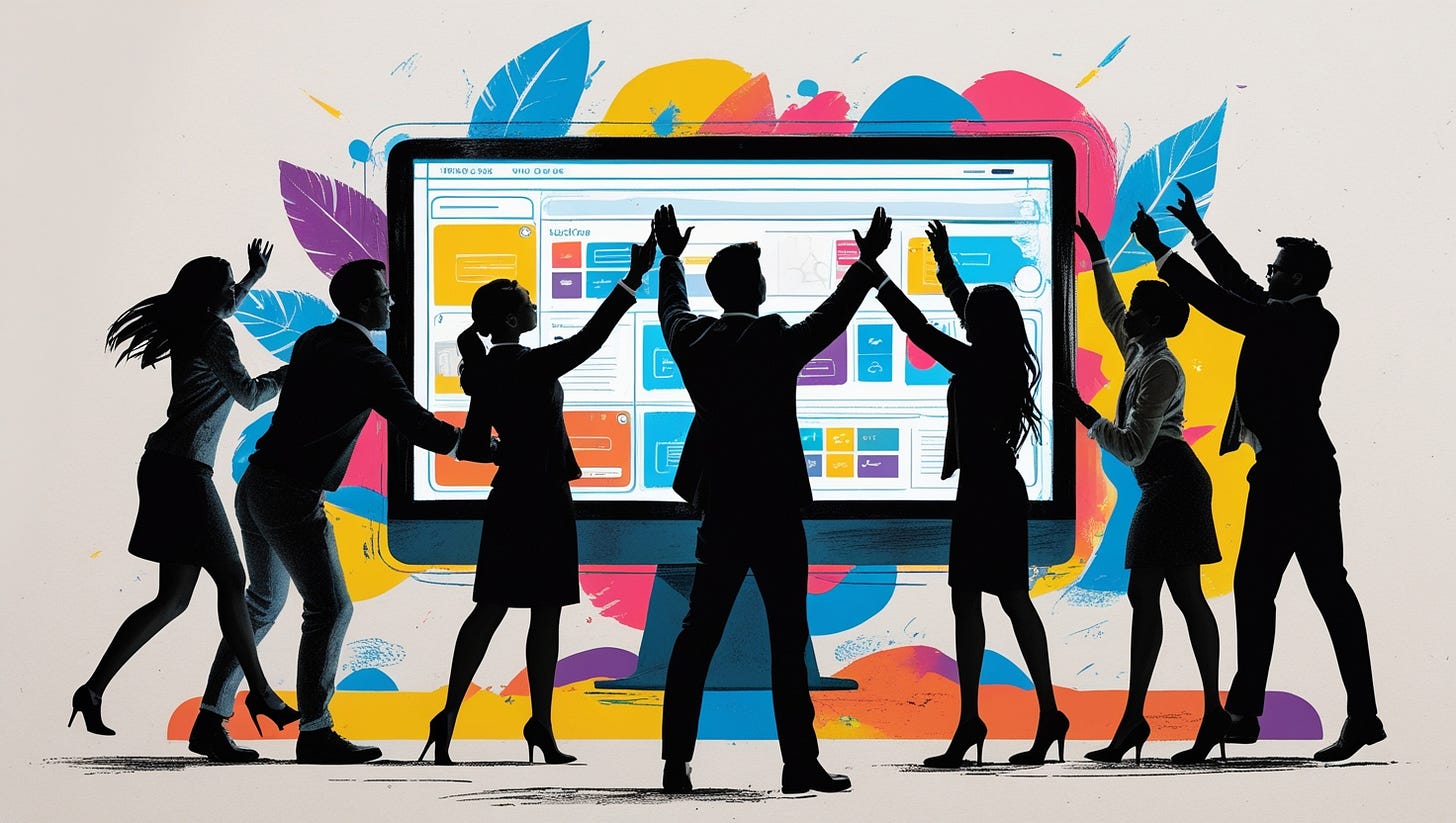 silhouettes of peoples cheering new product idea