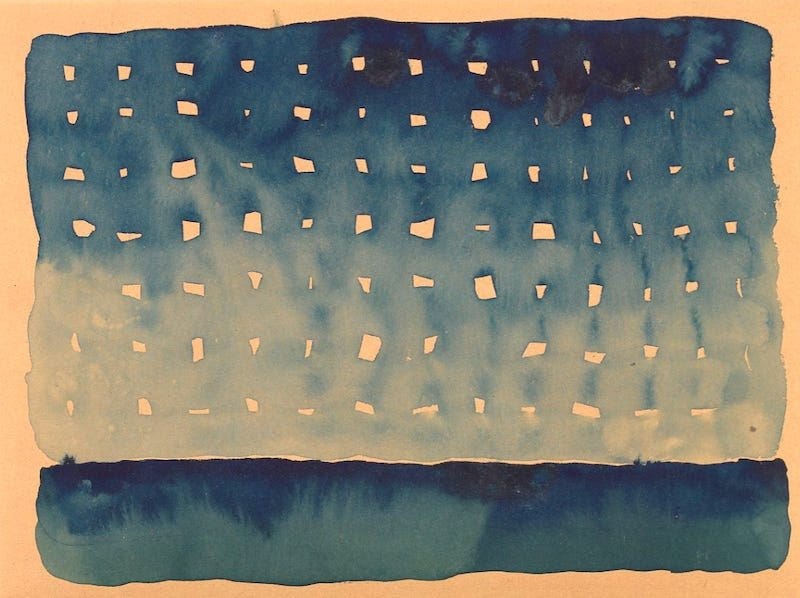 A blue watercolor on yellow paper where yellow checked boxes peak through the gradient of blue paint.