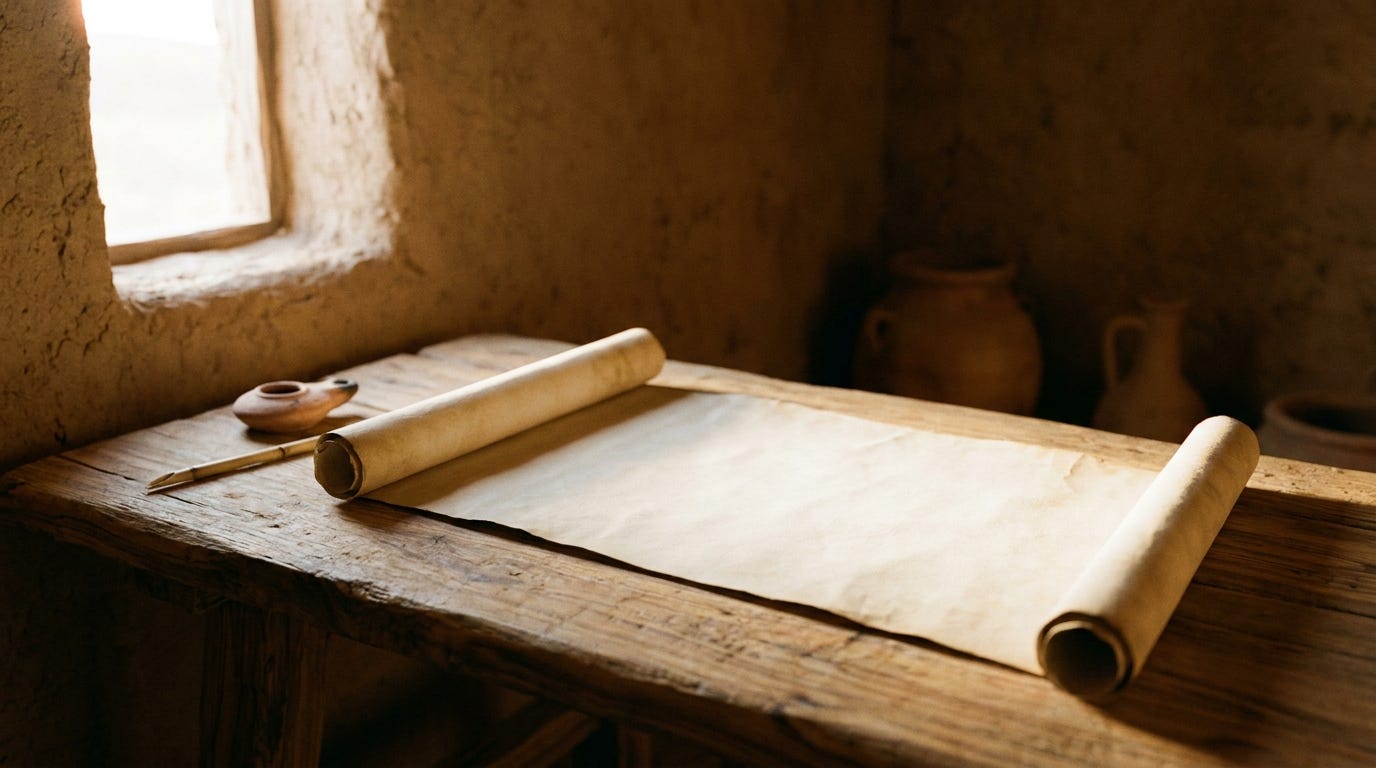 A single lamplit scroll of names unrolled on a worn wooden table in an ancient room at dawn, soft light through a narrow window, no people, no faces, no text