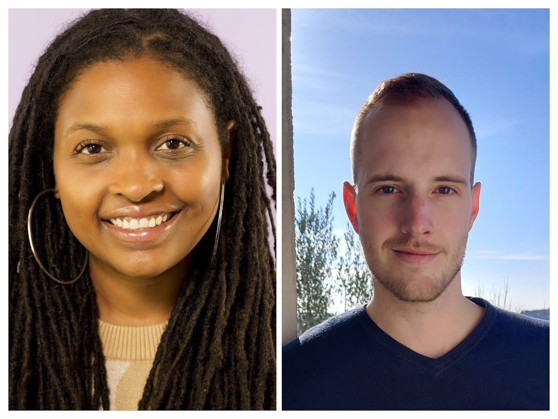 Two portrait photos side-by-side. One is of a middle-aged black woman with hoop earrings smiling at the camera. One is of a young white male in his twenties outside smiling at the camera