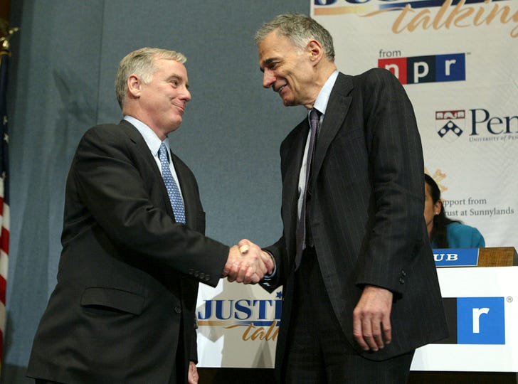 Nader, right, has run for president four times (with former Vermont Governor Howard Dean in 2004). (Matthew Cavanaugh/Getty Images)