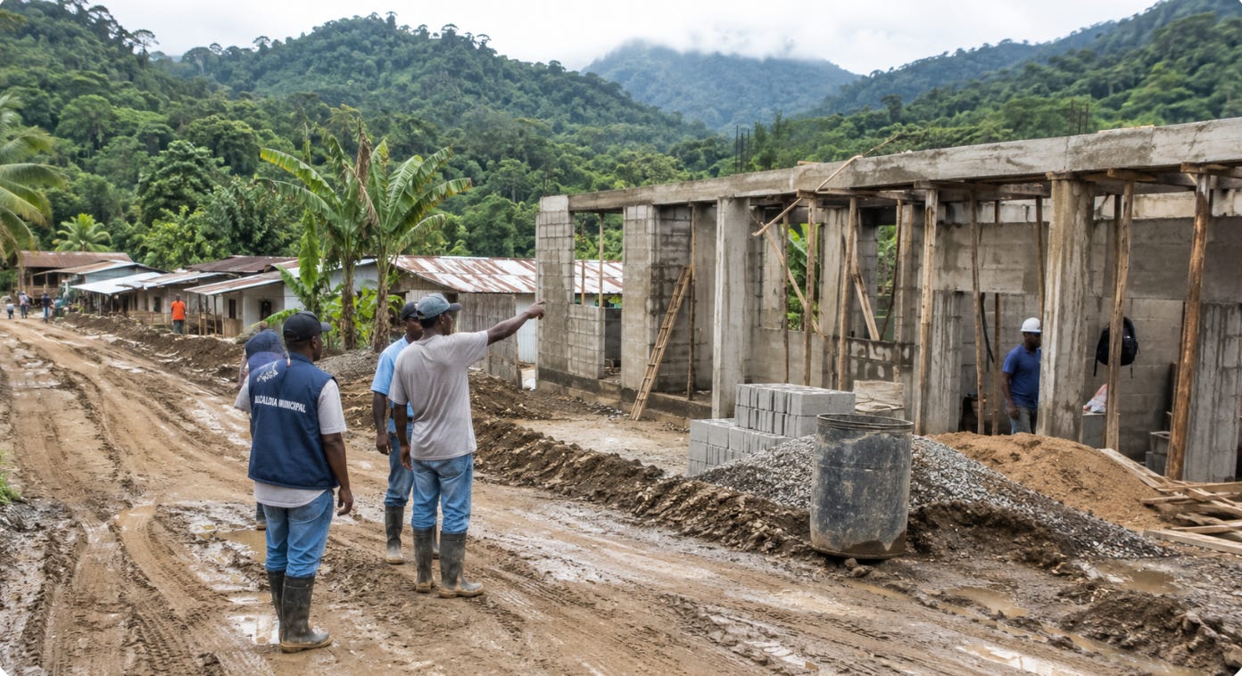 Workers beside a half-finished rural road and drainage culvert in a remote Colombian interior town, under overcast light. Workers beside a half-finished rural road and drainage culvert in a remote Colombian interior town, under overcast light.