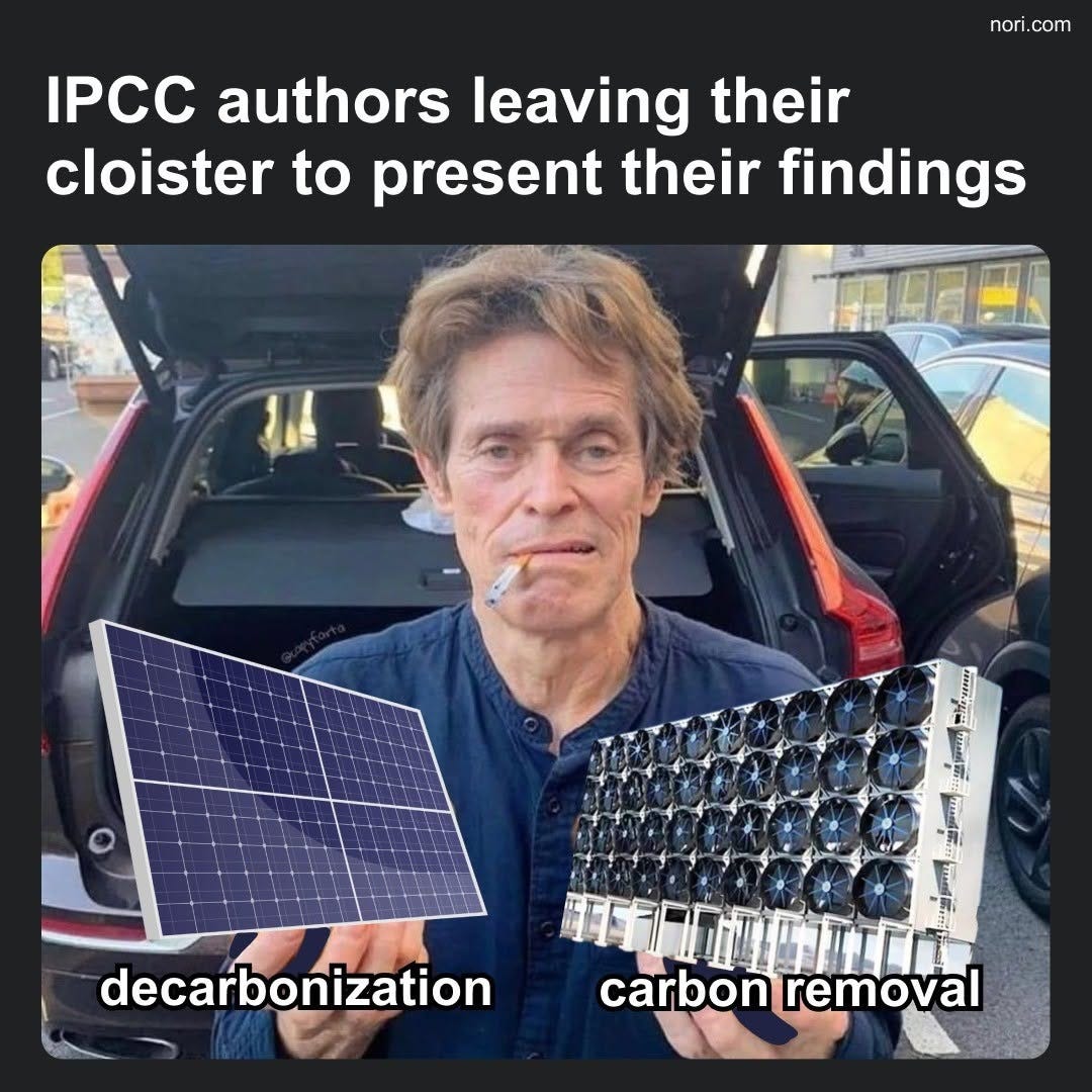 Text: "IPCC authors leaving their cloister to present their findings." A man with a cigarette in his mouth sits in the back of a car, holding up a solar panel labelled "decarbonization" and a direct air capture unit labelled "carbon removal".