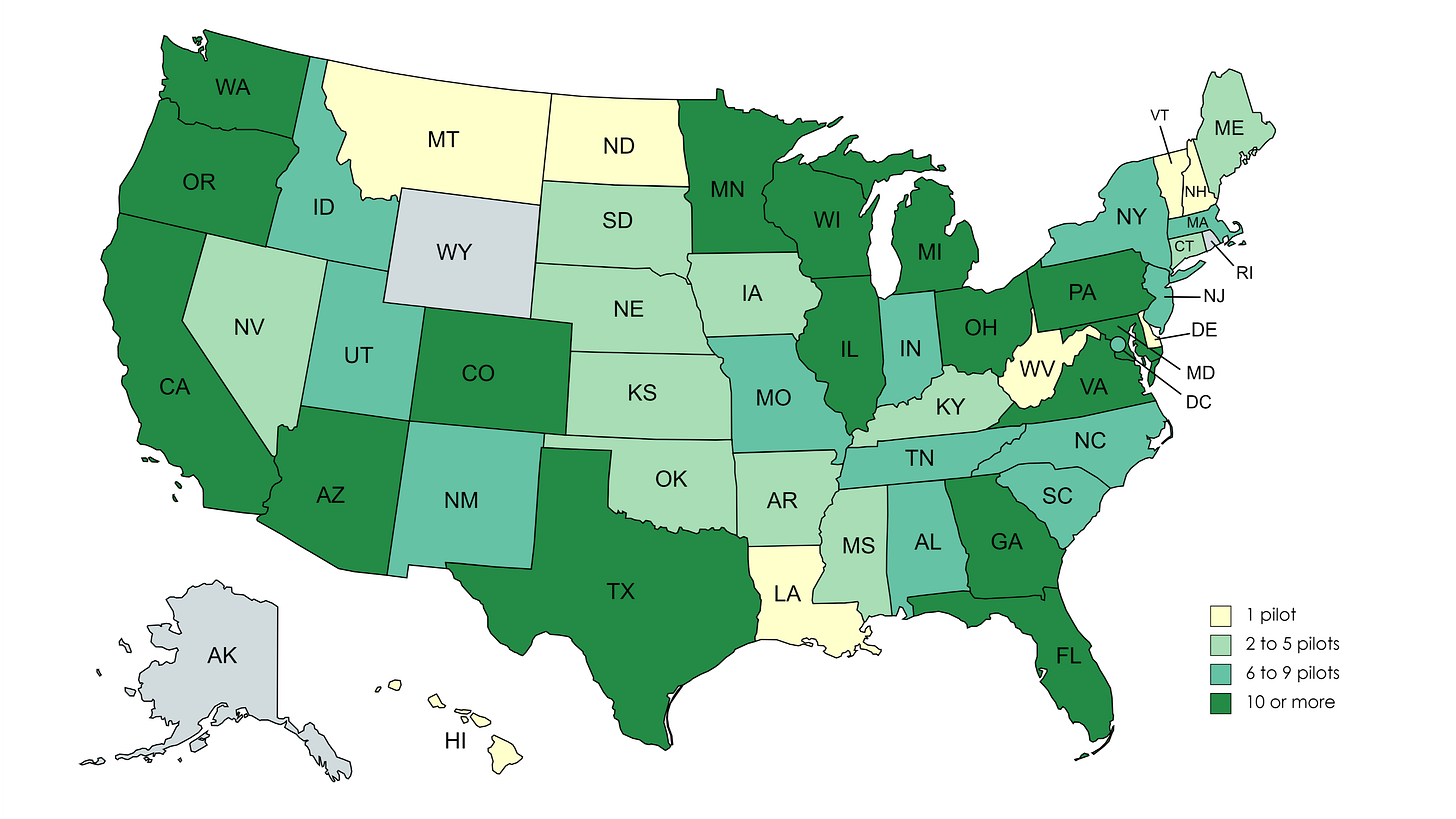 Map of the United States, various shades of green showing there are hundreds of pilots across thec country