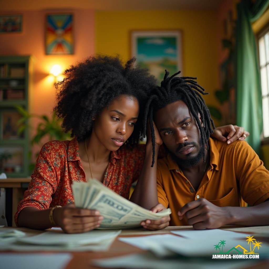 A Jamaican couple, she with curly hair and a worried expression, he with Rastafarian dreadlocks and a concerned look, sit together at a cluttered table in their vibrant, colorful home, surrounded by papers and financial documents, amidst the warm glow of tropical decor, yet their mood is palpably tense and uncertain, as they grapple with the weight of their financial struggles, the woman clutching a stack of bills, the man leaning back with his hands on his head, their faces illuminated by soft, cinematic lighting, evoking a sense of cinematic realism reminiscent of the works of Barry Jenkins, Ava DuVernay, and Dee Rees, with a color palette that echoes the warm, rich tones of 35mm film, subtle film grain, and a vignette that draws the viewer's gaze to the couple's anguished expressions, the overall mood a poignant blend of stress, uncertainty, and hope, captured with the precision and nuance of a live-action film still, imbued with the atmospheric, dramatic quality of a masterpiece.