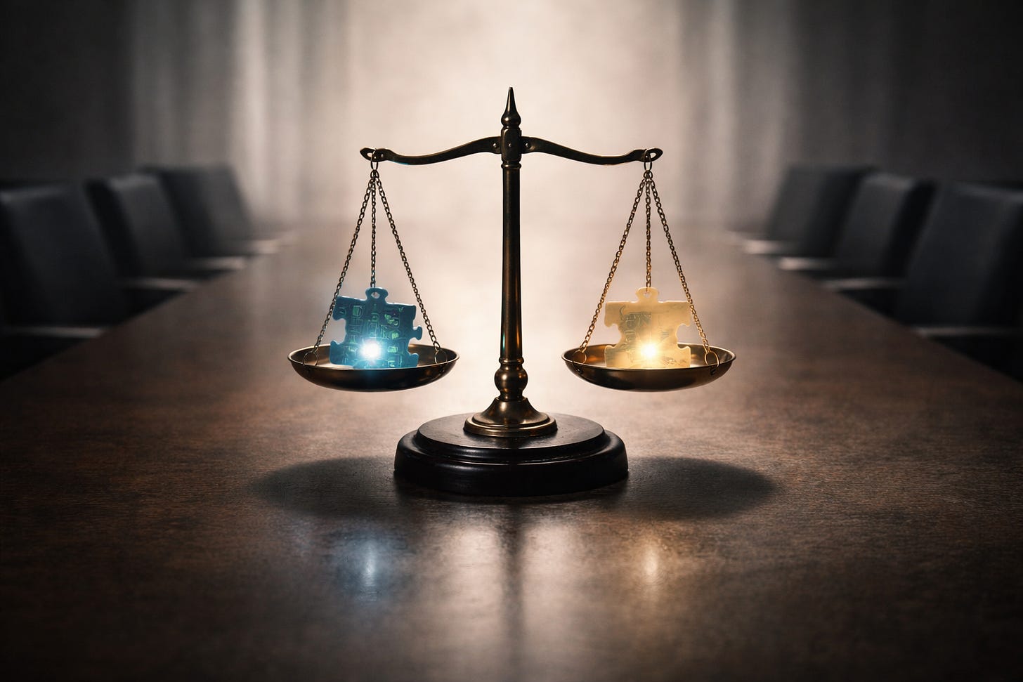 Balanță simbolică într-o sală de decizie, cu două greutăți luminoase reprezentând tensiunea dintre putere, tehnologie și reguli în guvernanța inteligenței artificiale. Balanță simbolică într-o sală de decizie, cu două greutăți luminoase reprezentând tensiunea dintre putere, tehnologie și reguli în guvernanța inteligenței artificiale.