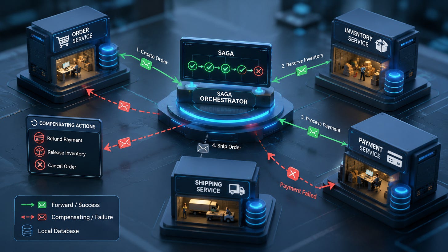 A diagram shows a Saga Orchestrator coordinating transactions and failures across microservices. A diagram shows a Saga Orchestrator coordinating transactions and failures across microservices.
