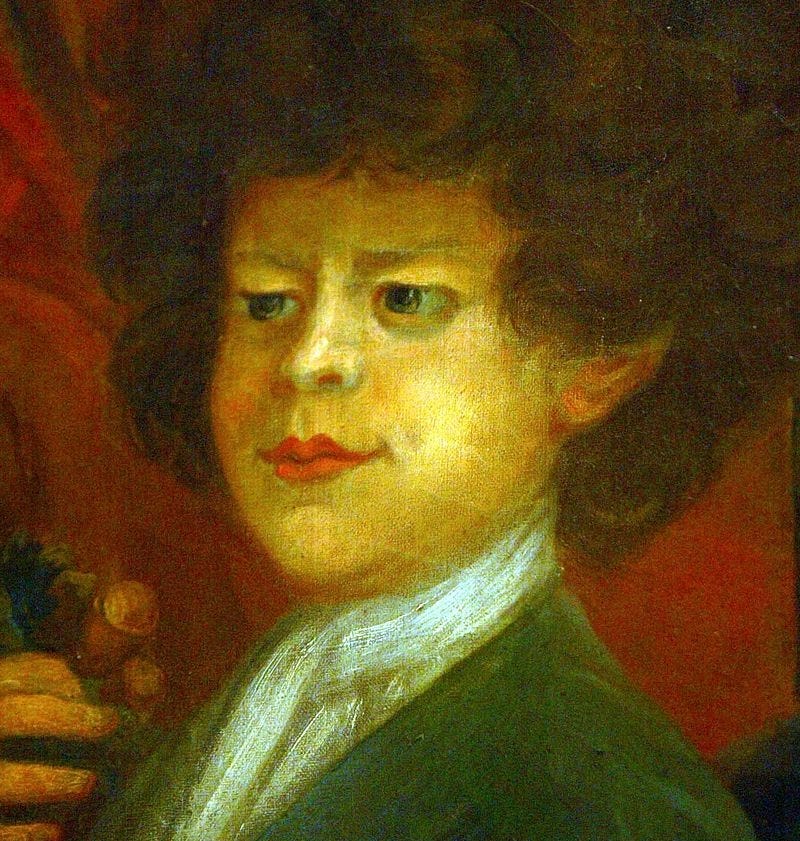 Peter is shown wearing a green coat and holding oak leaves and acorns in his right hand, with distinctive cupid lips. Peter is shown wearing a green coat and holding oak leaves and acorns in his right hand, with distinctive cupid lips.