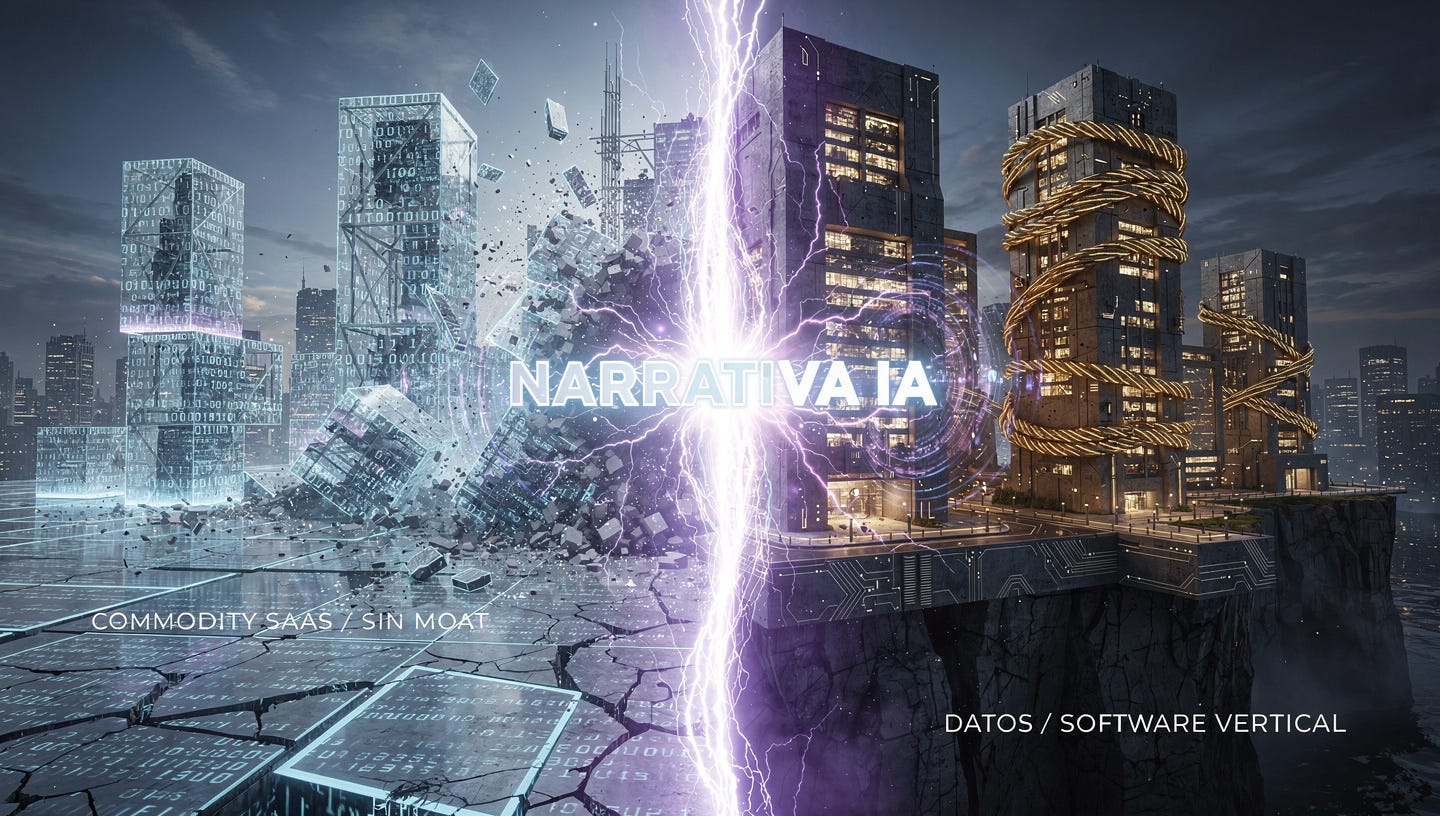 A powerful, cinematic editorial illustration conceptually representing the "AI impact on software companies."
Composition: A futuristic landscape split down the middle by a massive, glowing, ethereal shockwave labeled "NARRATIVA IA"
Left Side (The Collapse): On the left, fragile, glass-like skyscrapers and structures made of generic blue binary code are shattering and dissolving into dust. These structures look hollow and complex. A faint text overlay reads "COMMODITY SAAS / SIN MOAT."
Right Side (The Resilience): On the right, heavy, fortified, fortress-like brutalist architecture built into solid bedrock is absorbing the shockwave. These structures are glowing with internal golden light and are reinforced by thick, interwoven streams of data and shields. Faint text overlay reads "DATOS / SOFTWARE VERTICAL"
Overall Vibe: Serious business intelligence, transformative, high contrast, deep blues, gold, and electric purple colors. 4k resolution, highly detailed digital art. A powerful, cinematic editorial illustration conceptually representing the "AI impact on software companies."
Composition: A futuristic landscape split down the middle by a massive, glowing, ethereal shockwave labeled "NARRATIVA IA"
Left Side (The Collapse): On the left, fragile, glass-like skyscrapers and structures made of generic blue binary code are shattering and dissolving into dust. These structures look hollow and complex. A faint text overlay reads "COMMODITY SAAS / SIN MOAT."
Right Side (The Resilience): On the right, heavy, fortified, fortress-like brutalist architecture built into solid bedrock is absorbing the shockwave. These structures are glowing with internal golden light and are reinforced by thick, interwoven streams of data and shields. Faint text overlay reads "DATOS / SOFTWARE VERTICAL"
Overall Vibe: Serious business intelligence, transformative, high contrast, deep blues, gold, and electric purple colors. 4k resolution, highly detailed digital art.