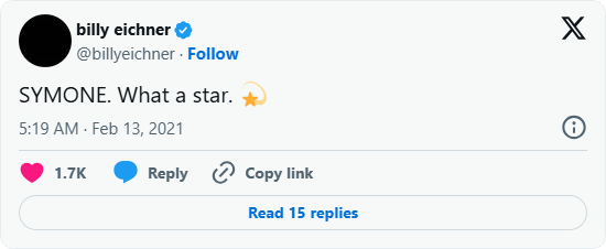 Tweet from Billy Eichner saying "SYMONE. What a star."