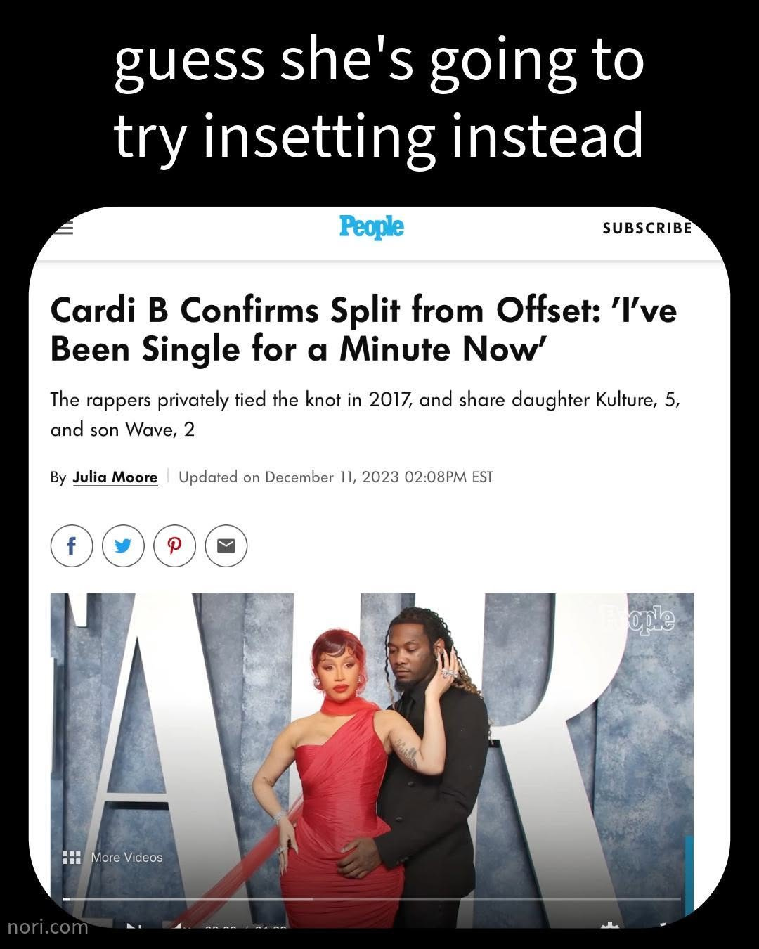 A screenshot of a People article headlined "Cardi B Confirms Split from Offset", under the text "guess she's going to try insetting instead".