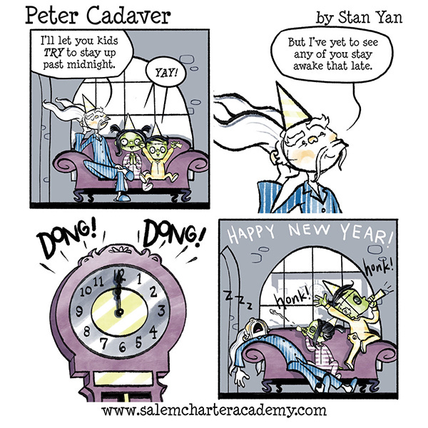 Peter and Patty Cadaver, two Frankenstein-monster-like siblings and their mad professor father are sitting on the victorian style couch in their old mansion. The father says he will allow them to try to stay up for midnight but he has yet to ever see them stay awake that late. The kids scream yay. The grandfather clock strikes midnight. The father is asleep on the couch and the two kids blow plastic horns and scream, “Happy New Year!” Honk! Honk!