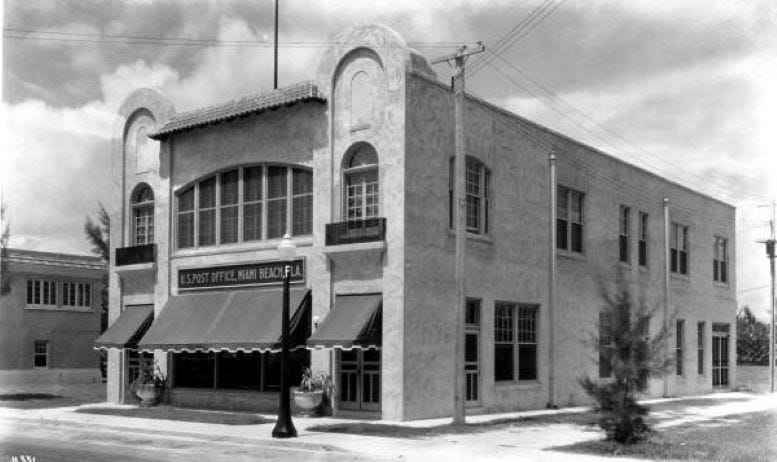 Miami Beach post office, located on Fifth Street between Alton Road and Lenox Avenue, in 1922. Miami Beach post office, located on Fifth Street between Alton Road and Lenox Avenue, in 1922.