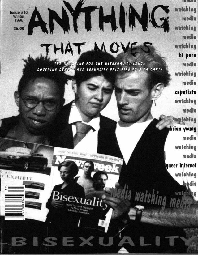 Three bisexuals of different genders and races, all wearing shirts with black vests, read the aforementioned Newsweek bisexuality issue while making befuddled faces.