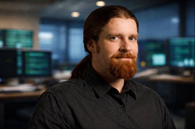 A young man with long dark hair and a red beard sits in front of glowing computer monitors displaying green code, representing cryptographer Len Sassaman in a server room or operations environment A young man with long dark hair and a red beard sits in front of glowing computer monitors displaying green code, representing cryptographer Len Sassaman in a server room or operations environment