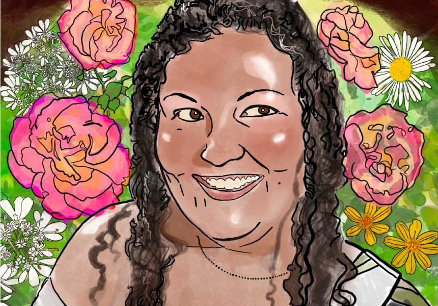 A colorful drawing of Patty Berne, a Japanese-Haitian person with light brown skin, looking youthful and happy, their face shining with light. Patty’s hair is long, dark and curly, and she looks to the side with a dimpled grin. They wear an off-the -shoulder blouse and are surrounded by flowers from their garden including pink and orange toned roses.