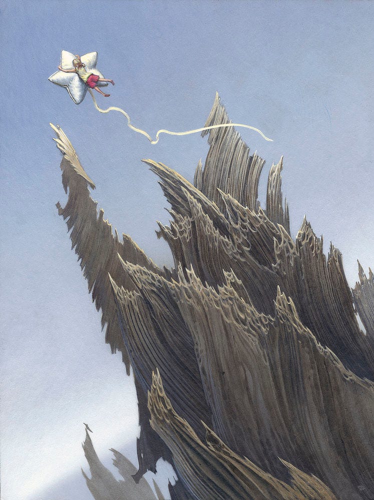 A young girl with hair tied back in blonde pigtails holds on for dear life as she clings to a white star-shaped balloon. Sweeping rock formations set against cloudless pale skies reach out as she narrowly escapes their sharp feathered tips. The girl is wearing a white tank top and pink shorts. Her feet are bare, floating unsupported and at the mercy of momentum like the long kite tail that trails the pillowy balloon in its exit off panel to the upper left. The far horizon, rendered hazily, tilts at an extreme angle adding to the sense of disorientation, perpendicular to the movement of the rocks and path of the balloon.