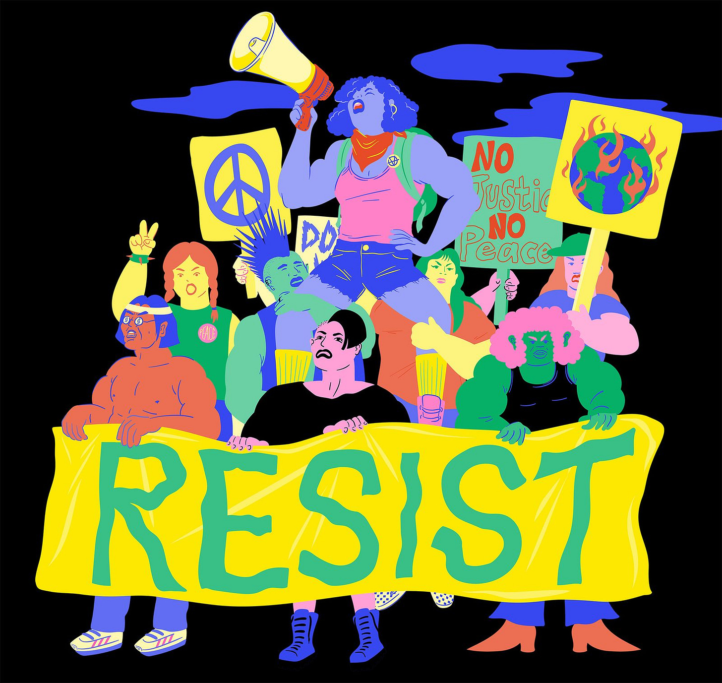 Illustration of protesters holding a large banner that says Resist