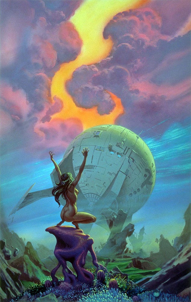 As seen from behind, a naked woman atop an abstract perch set in a verdant alien landscape. She crouches with arms upraised as she beholds the spherical form of an enormous spaceship. It isn’t clear whether she is worshiping the ship or calling down violence upon it. The sky is a contrast of blue streaked with silver topped with billowing clouds of pink and purple. A fiery channel of yellow and orange splits the clouds down to the top of the ship. As seen from behind, a naked woman atop an abstract perch set in a verdant alien landscape. She crouches with arms upraised as she beholds the spherical form of an enormous spaceship. It isn’t clear whether she is worshiping the ship or calling down violence upon it. The sky is a contrast of blue streaked with silver topped with billowing clouds of pink and purple. A fiery channel of yellow and orange splits the clouds down to the top of the ship.