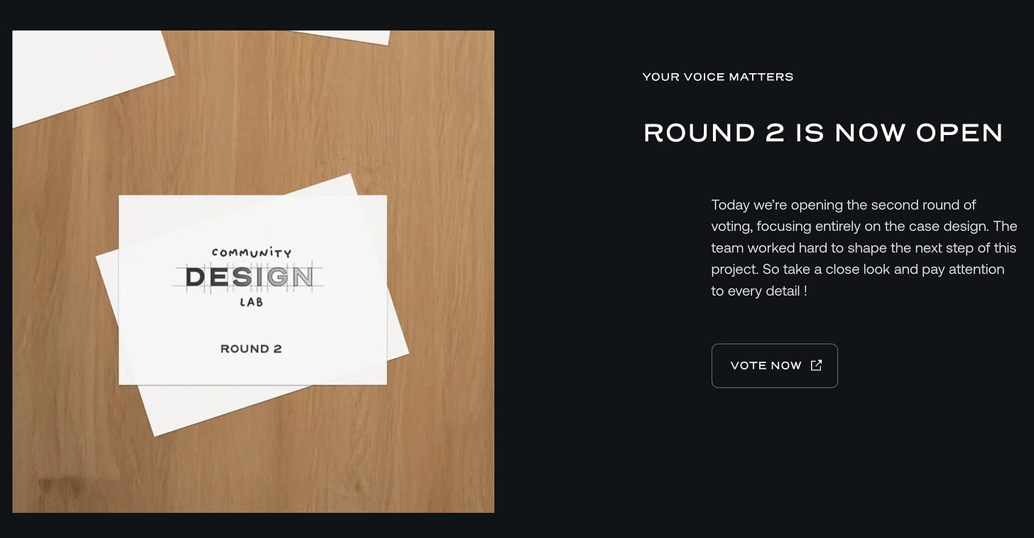 Furlan Marri Community Design Lab – Round 2 announcement inviting fans to vote on case design.