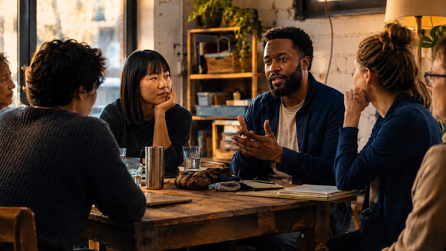 A diverse group of adults sits around a rustic wooden table in a cozy loft, engaged in a thoughtful conversation. Warm golden light fills the room, while deep blue clothing and accents give the scene a blue-and-gold color palette. A man in a navy shirt speaks with open hand gestures as the others listen attentively, creating a feeling of connection, dialogue, and community.