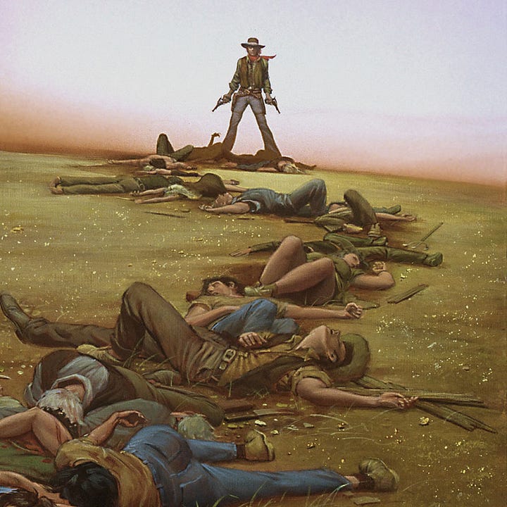 LEFT: Detail from DEAD TOWN featuring Roland standing with guns at his side and a trail of bodies snaking to the foreground. The horizon is tilted to provide a disoriented POV as if the viewer is shaky after having witnessed a massacre, knowing they’re next in line. RIGHT: Detail from DEAD TOWN featuring the trail of twisted corpses. Each has fallen with their weapon nearby. There are rough lengths of board, a heavy brick, a scythe and a crow bar. The nearest “victim” is a bearded man with black hair wearing a green vest. He holds his hand to his chest where his shirt is soaked through with blood. His head is propped awkwardly on the thigh of a woman whose face is obscured by her chunky arm while her silky blue skirt exposes the curve of her thigh. A dark haired woman face down wearing blue jeans and boots stretches across her midsection. The next two corpses folded over each other have silvered hair as the path of carnage continues, men and women, young and old, all killed by a single Gunslinger.