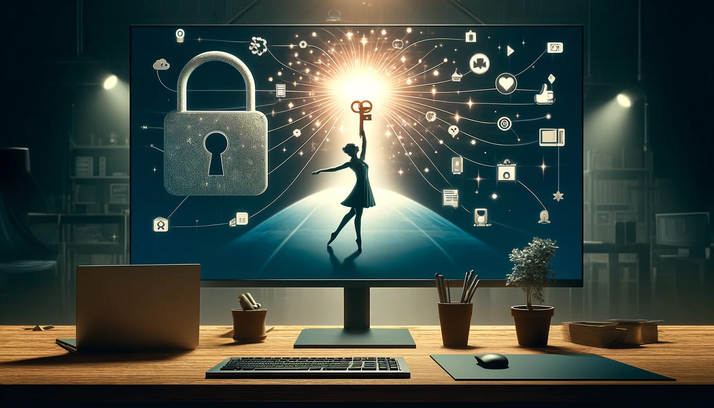 a person gracefully holding a key in front of a computer screen, displaying an array of simple, generic app and service icons. The image should evoke a sense of control and discretion in managing access to personal data, with the key symbolizing the user's authority and responsibility. The composition should reflect a future where technology is designed with an emphasis on ease, simplicity, and the human element, manifesting in a clean, minimalistic aesthetic that combines the practical with the poetic. The scene should convey a serene and thoughtful engagement with digital privacy, set in a workspace that balances the artisanal and the technological.