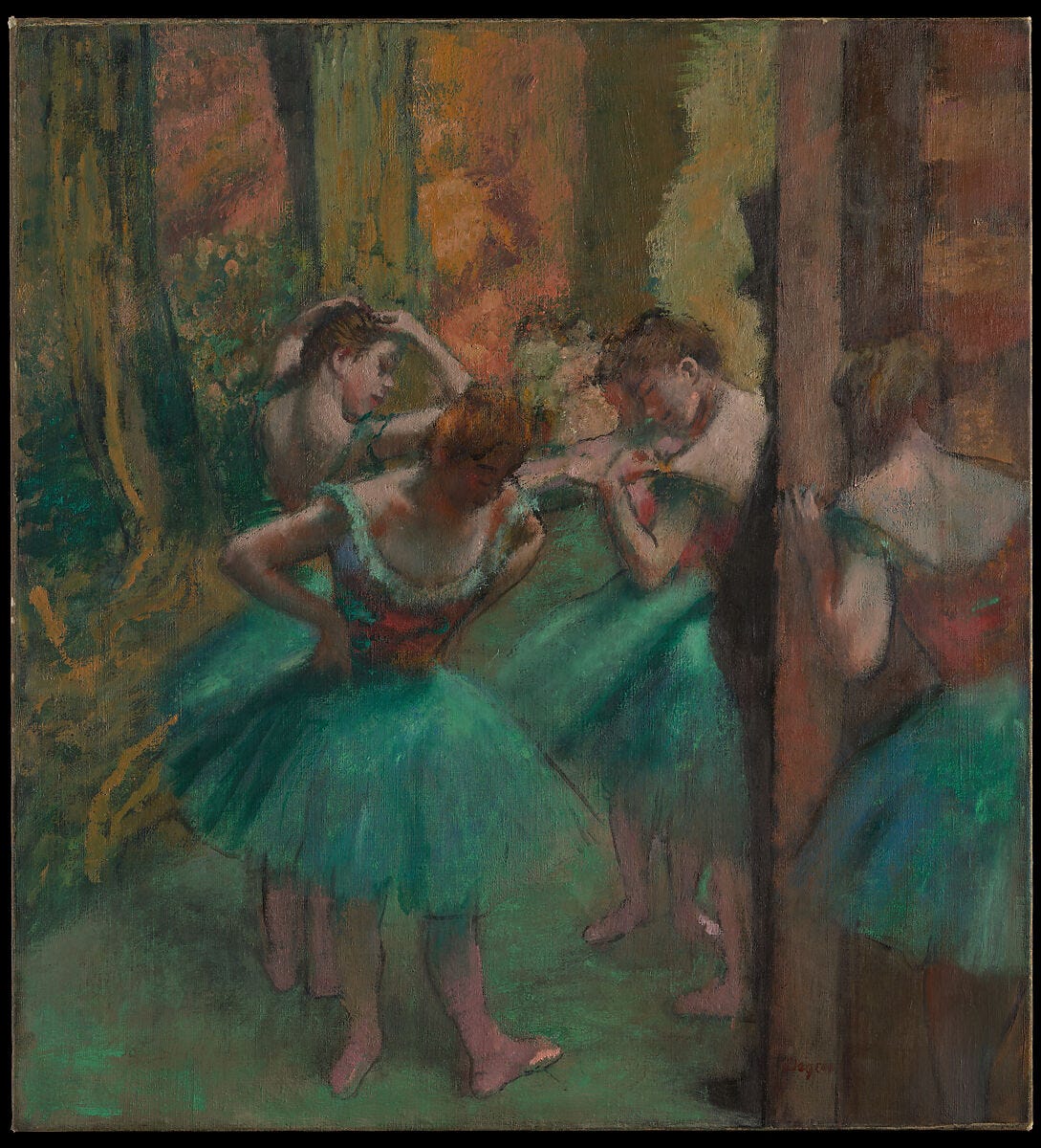 Ballet dancers in pink and green tutus adjusting their costumes backstage Ballet dancers in pink and green tutus adjusting their costumes backstage