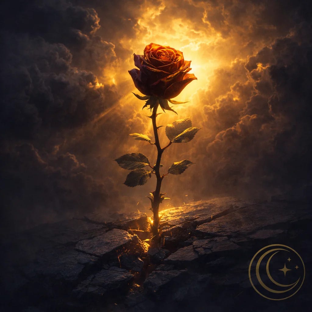 MoonInMental aromatherapy image for Mars-Pluto conjunction week January 2026. Rose with thorns growing through cracked stone with golden storm light representing survival and nervous system resilience.