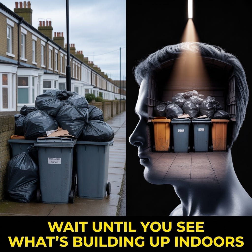 Split image showing overflowing bins and black rubbish bags on a wet British street on the left, mirrored by the same bins and bags inside a human head on the right, illustrating the concept of mental clutter and internal noise. Published by The Almighty Gob, Bristol. Split image showing overflowing bins and black rubbish bags on a wet British street on the left, mirrored by the same bins and bags inside a human head on the right, illustrating the concept of mental clutter and internal noise. Published by The Almighty Gob, Bristol.