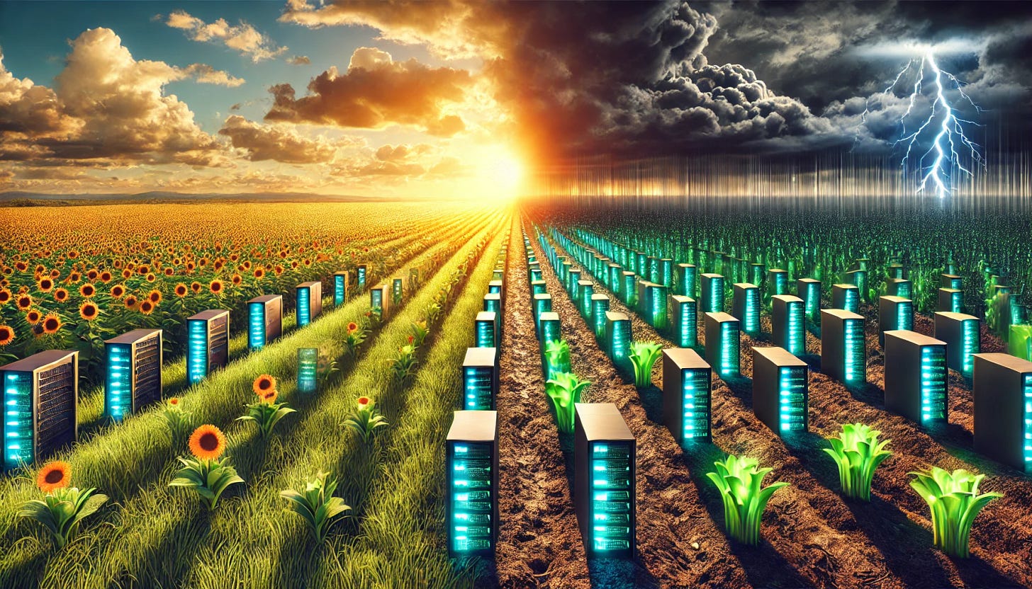 A surreal landscape of a farmer's field growing a crop of AI computers, with rows of glowing server-like machines sprouting from the soil like plants. On the left, the scene is sunny and optimistic, featuring a golden sunrise, vibrant green grass, and healthy AI computers shimmering with light. On the right, the scene transitions to a moody and brooding atmosphere with dark storm clouds, dim lighting, and a sense of unease. The field appears divided, symbolizing the contrast between hope and challenges in a clean and symbolic composition.