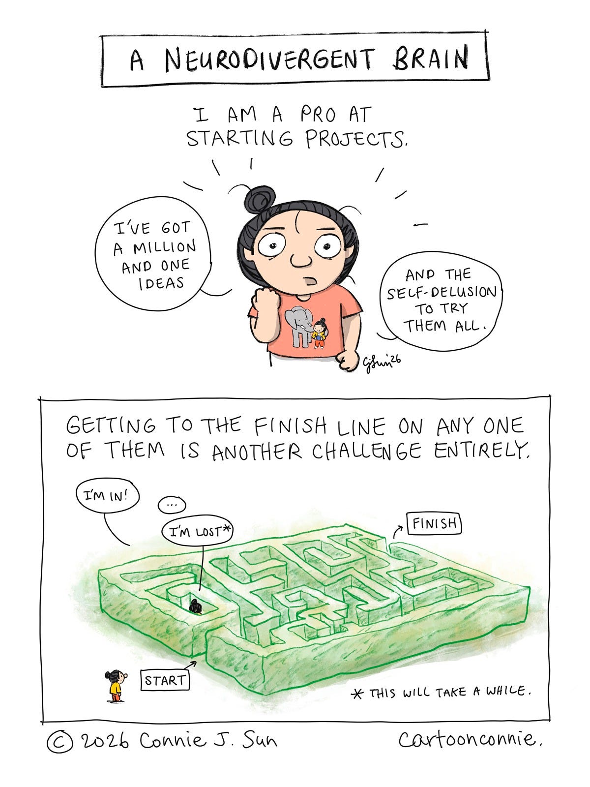 Single-page comic strip about neurodivergent brains and the challenges of starting and finishing projects, illustrated as navigating a hedge maze. Titled "A Neurodivergent Brain," 2026, by Connie Sun, cartoonconnie.