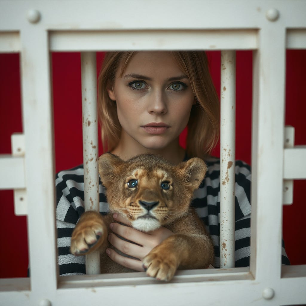 Portrait of a beautiful sad 25-year-old Swedish woman wearing black and white striped prisoner clothes, holding a baby lion, behind bars, isolated on a vivid contrasting bright burgundy background with space. High-quality Portrait of a beautiful sad 25-year-old Swedish woman wearing black and white striped prisoner clothes, holding a baby lion, behind bars, isolated on a vivid contrasting bright burgundy background with space. High-quality