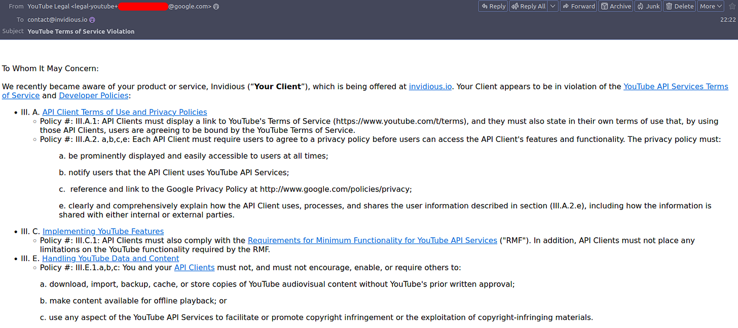 Invidious Cease-and-Desist Notice