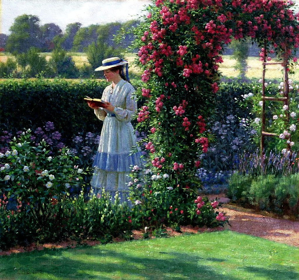 Painting of a woman standing in a garden reading a book. 