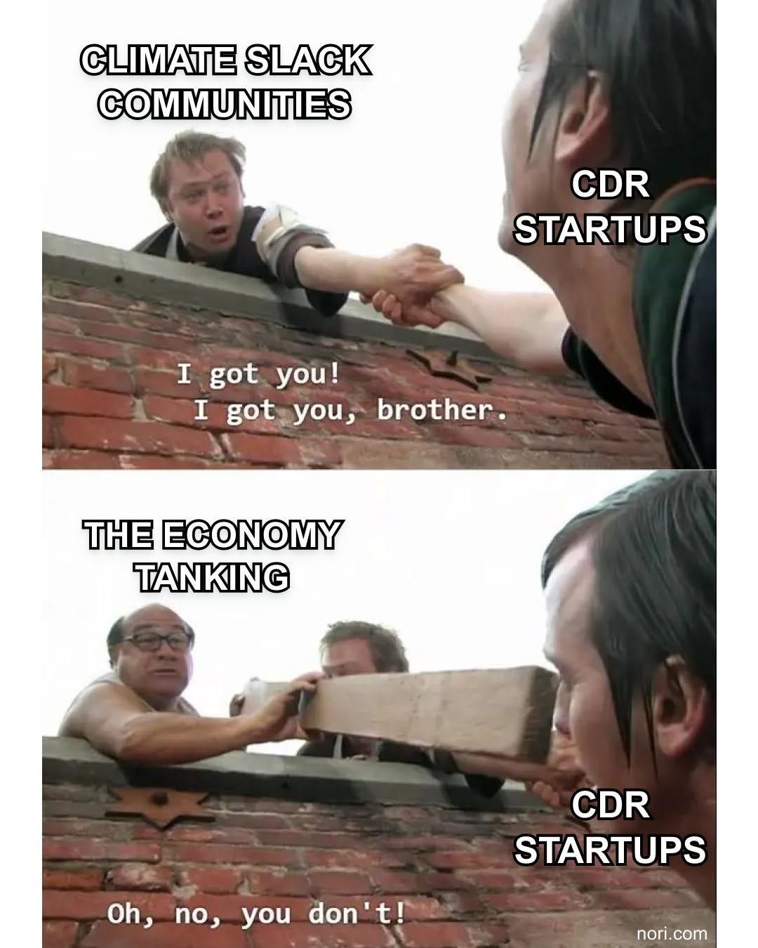 Two It's Always Sunny stills of a man being helped over a wall. Top: "Climate Slack communities" to "CDR startups": "I got you! I got you, brother." Bottom: "The economy tanking" pushes "CDR startups" back: "Oh, no, you don't!"