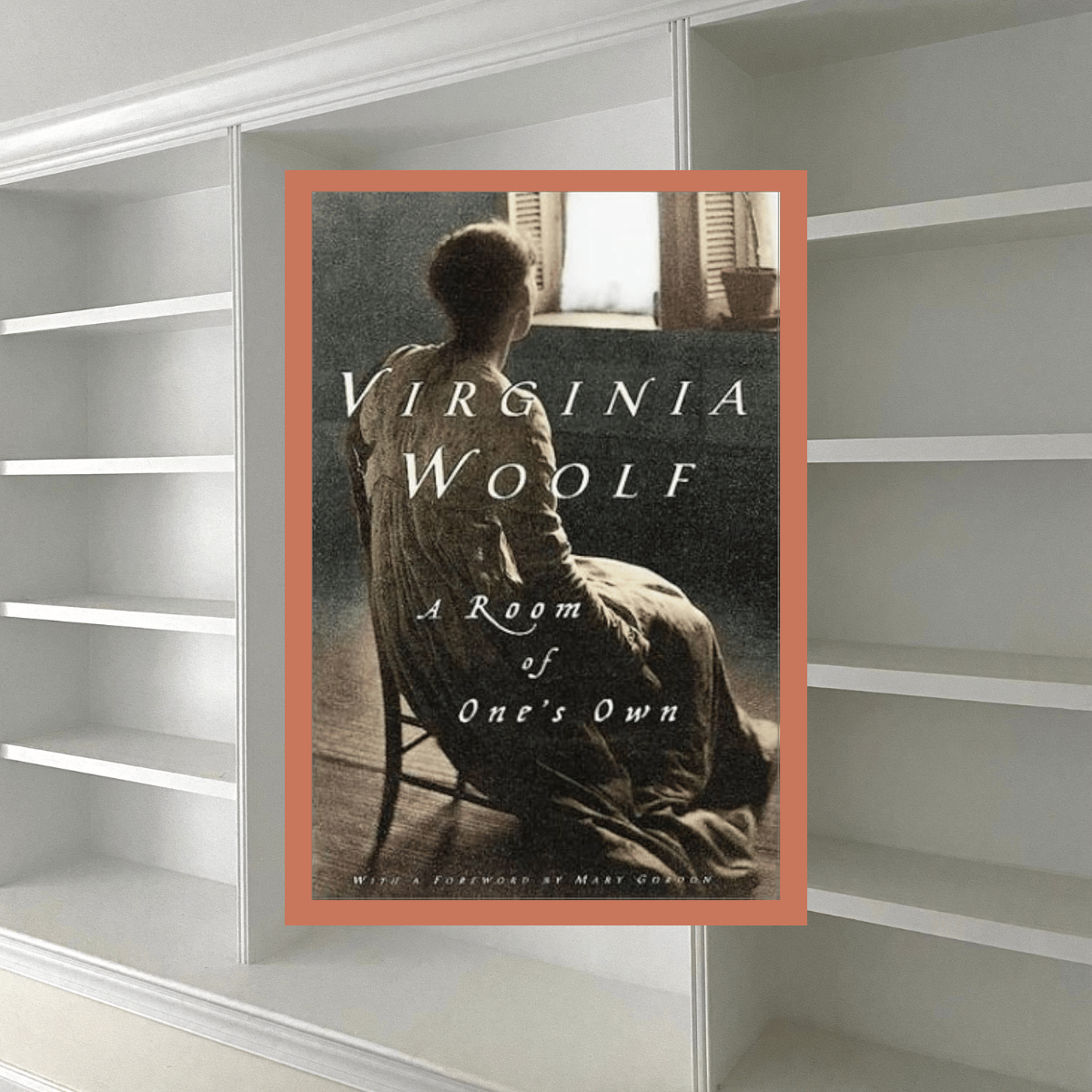 a room of one's own by virginia woolf with empty bookshelves.