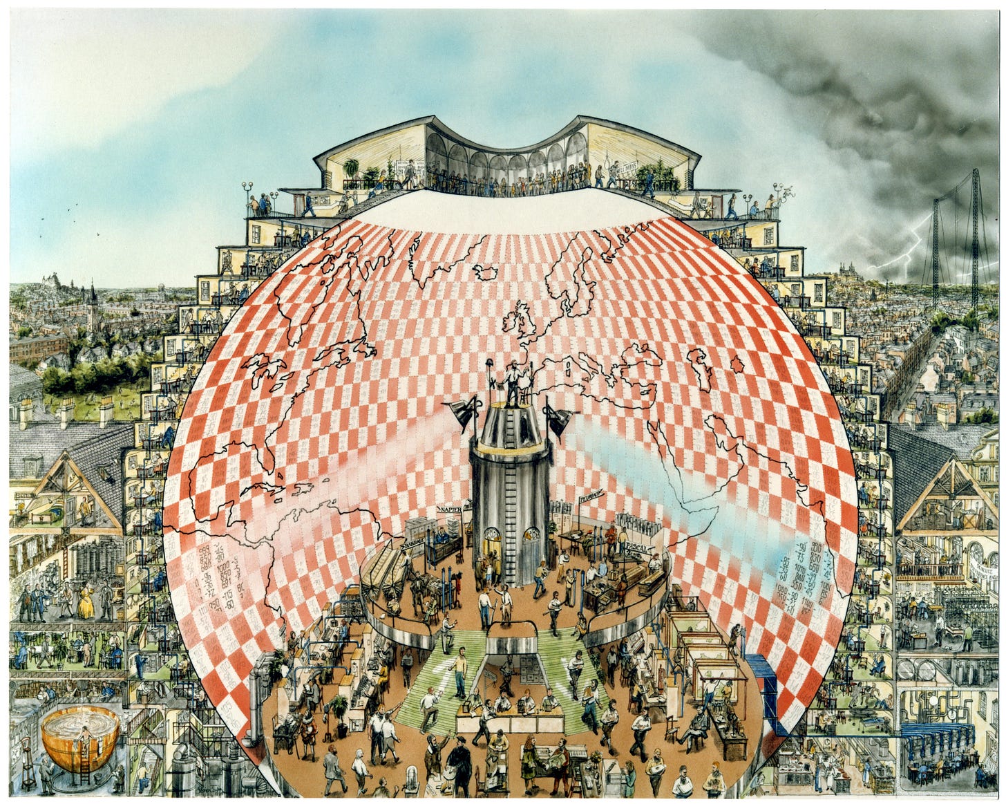 Rendition of Richardson's fantasy of a weather forecasting factory. The factory is a huge spherical room that depicts the Earth. A conductor is in the middle of the room, coordinating the job of forecasting.
