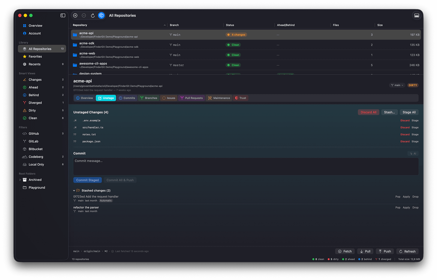 The Unstage tab with the stash list open under the commit box: two entries, one badged Automatic, each showing its branch and age, with Pop, Apply and Drop on the right The Unstage tab with the stash list open under the commit box: two entries, one badged Automatic, each showing its branch and age, with Pop, Apply and Drop on the right